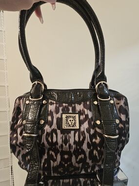 Anne Klein Black Patterned Satchel Handbag with Gold Accents